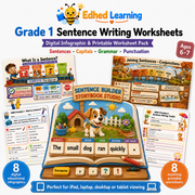 Grade 1 sentence writing worksheets digital course with 8 infographics and 8 printable worksheets for ages 6 to 7