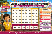 Grade 1 sight word toolkit infographic reviewing 40 essential high-frequency words