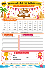 Printable 40-word Grade 1 sight word fluency toolkit worksheet