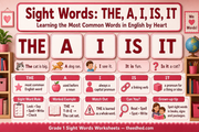 Sight word infographic teaching THE, A, I, IS and IT with colourful Grade 1 examples