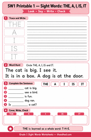 Printable Grade 1 sight word worksheet for THE, A, I, IS and IT