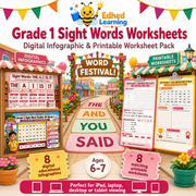 Grade 1 Sight Words Worksheets digital infographic and printable worksheet pack for ages 6 to 7