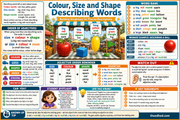 Grade 1 describing words infographic about colour, size and shape