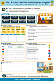 Grade 1 describing words printable worksheet about colour, size and shape