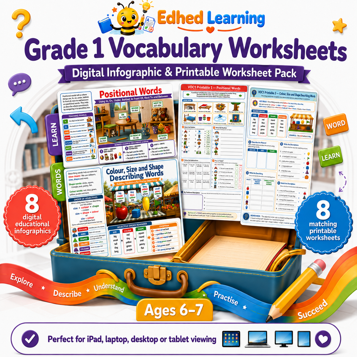 Grade 1 Vocabulary Worksheets digital course with 8 infographics and 8 printables for ages 6–7