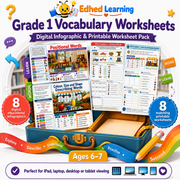 Grade 1 Vocabulary Worksheets digital course with 8 infographics and 8 printables for ages 6–7