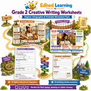 Grade 2 Creative Writing Worksheets digital course with 8 infographics and 8 A4 printables