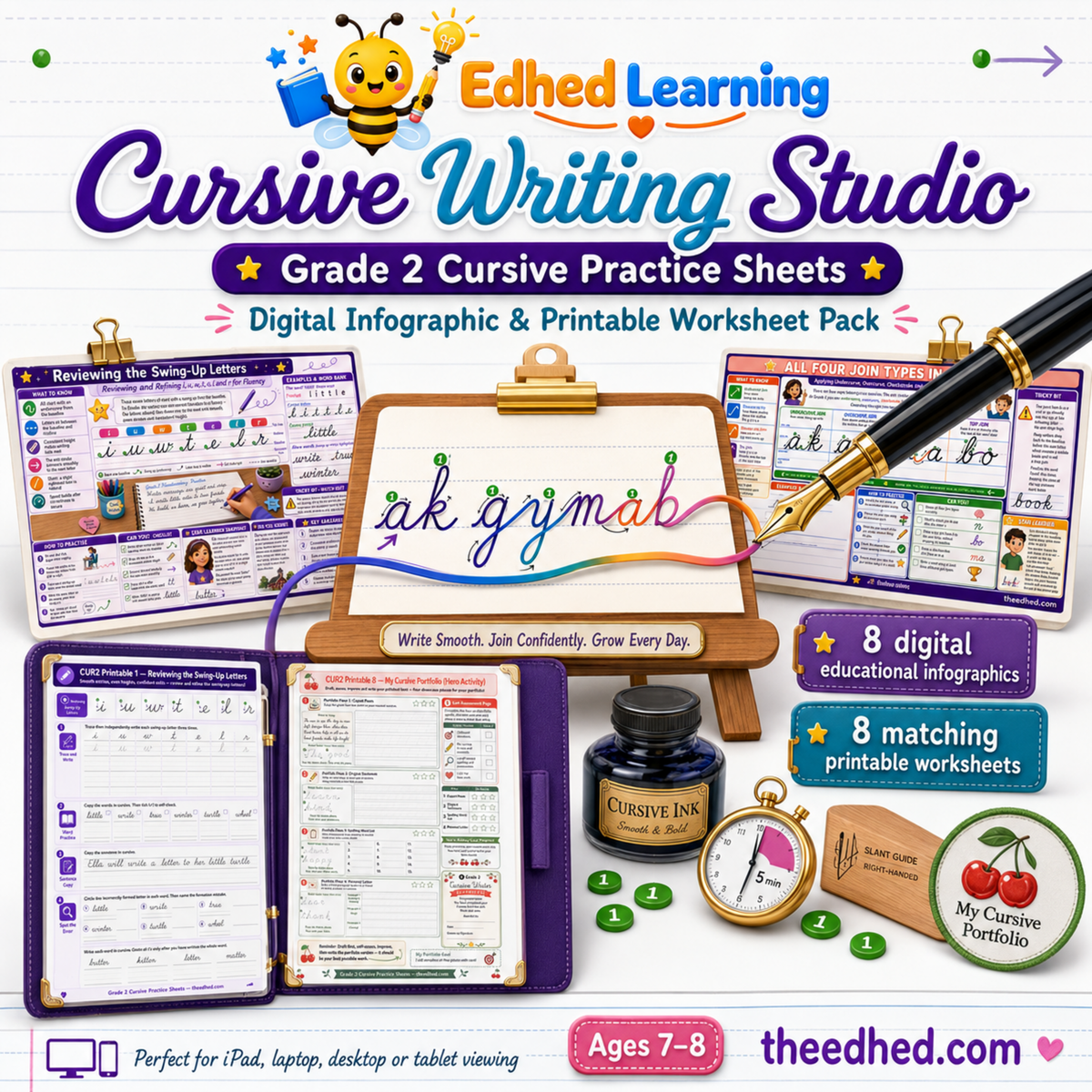 Grade 2 Cursive Practice Sheets digital infographic and printable worksheet pack cover