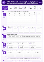 Grade 2 swing-up cursive letter tracing and writing printable worksheet
