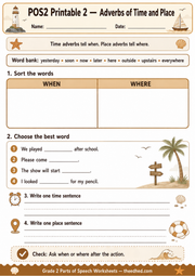Grade 2 Parts of Speech printable worksheet about adverbs of time and place