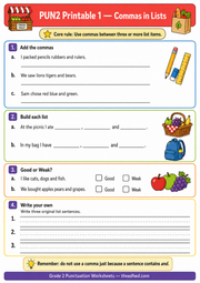 Grade 2 punctuation printable worksheet about commas in lists