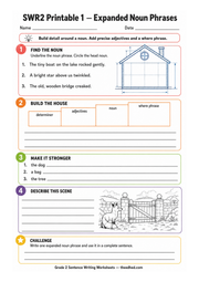 Grade 2 sentence writing printable worksheet about expanded noun phrases