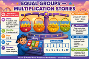Equal groups multiplication stories infographic with the RIPS strategy for Grade 2 maths word problems