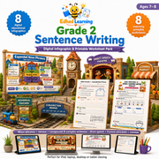 Grade 2 Sentence Writing Worksheets digital course with 8 infographics and 8 printable worksheets for ages 7–8