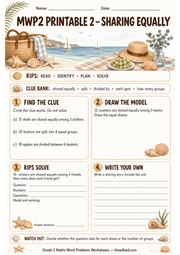 Printable Grade 2 sharing equally division worksheet with blank working space and answer sentence practice