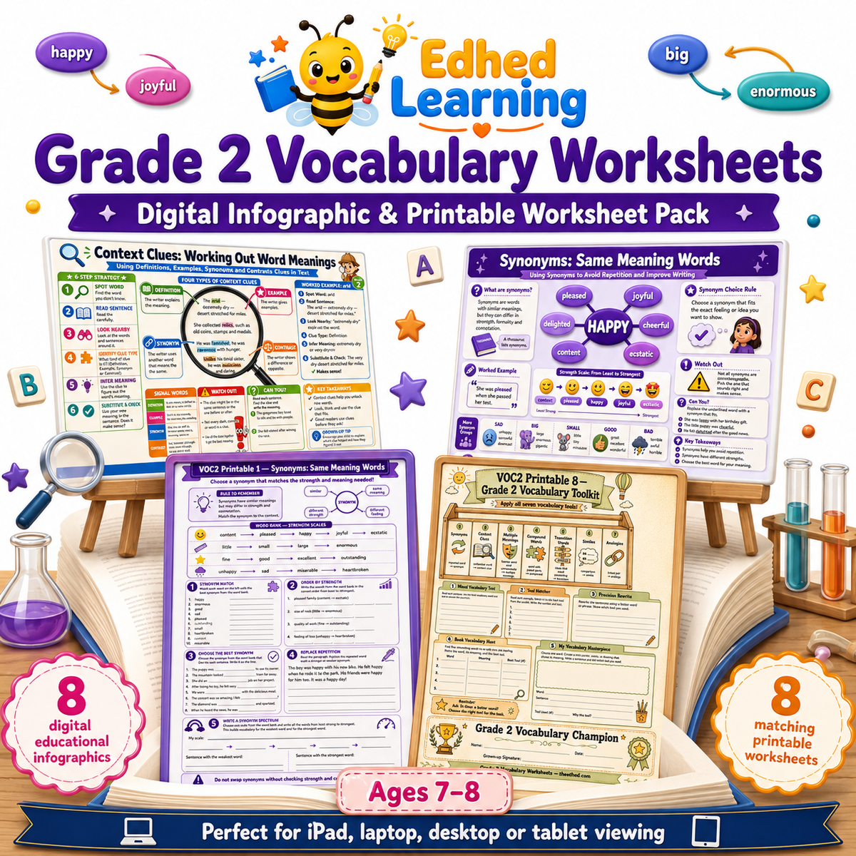 Grade 2 Vocabulary Worksheets digital infographic and printable worksheet pack for ages 7 to 8