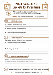 Brackets for Parenthesis Grade 3 A4 printable worksheet