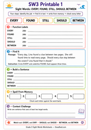 Printable Grade 3 sight words worksheet for every, found, still, should and between