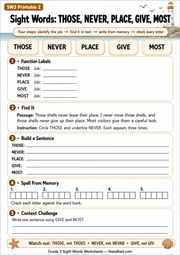 Printable Grade 3 sight words worksheet for those, never, place, give and most