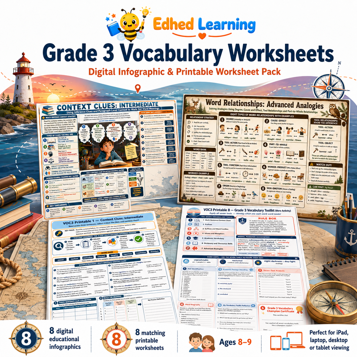 Grade 3 Vocabulary Worksheets digital infographic and printable pack for ages 8 to 9