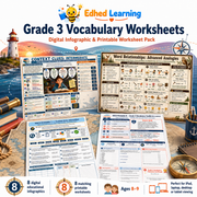 Grade 3 Vocabulary Worksheets digital infographic and printable pack for ages 8 to 9