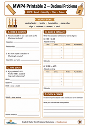 Printable Grade 4 decimal word problems worksheet