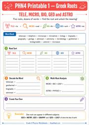 Printable Grade 4 Greek roots worksheet with sorting decoding and multi-root analysis activities