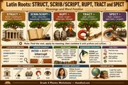 Latin roots infographic for Grade 4 phonics teaching STRUCT SCRIB SCRIPT RUPT TRACT and SPECT