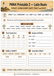Printable Grade 4 Latin roots worksheet with word family sorting and root analysis activities