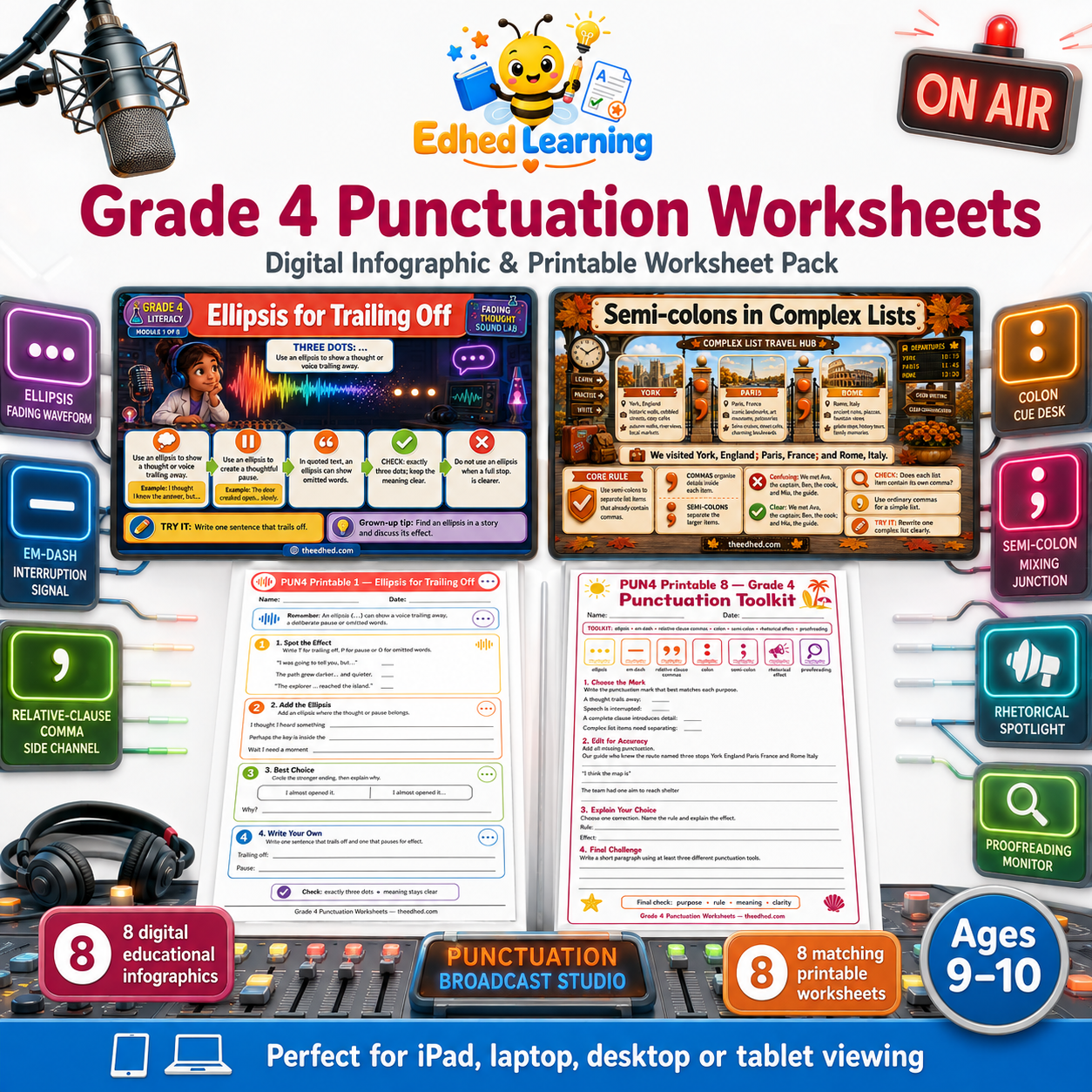 Grade 4 Punctuation Worksheets digital infographic and printable worksheet pack for ages 9 to 10