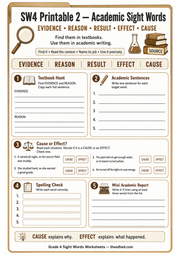 Printable Grade 4 worksheet for evidence reason result effect and cause