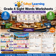 Grade 4 Sight Words Worksheets digital course with 8 infographics and 8 printable worksheets for ages 9 to 10