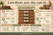 Grade 4 Latin roots infographic covering port, dict, rupt and vis