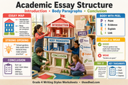 Academic Essay Structure infographic for Grade 4 showing introductions, PEEL body paragraphs and conclusions