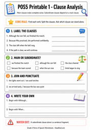 A4 Grade 5 Clause Analysis printable worksheet with identification and sentence-building activities