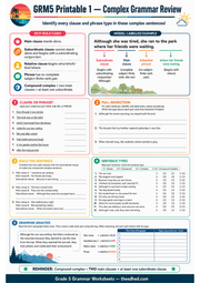 Grade 5 complex grammar review printable worksheet