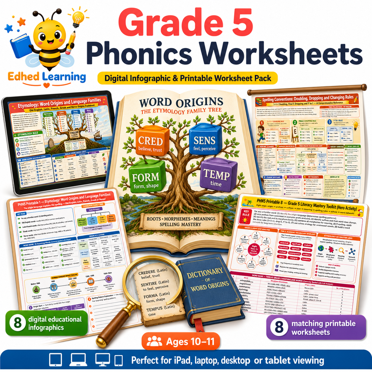 Grade 5 phonics worksheets digital course with 8 infographics and 8 printable worksheets for ages 10 to 11 by Edhed Learning