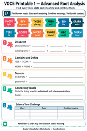 Advanced root analysis printable vocabulary worksheet for ages 10 to 11