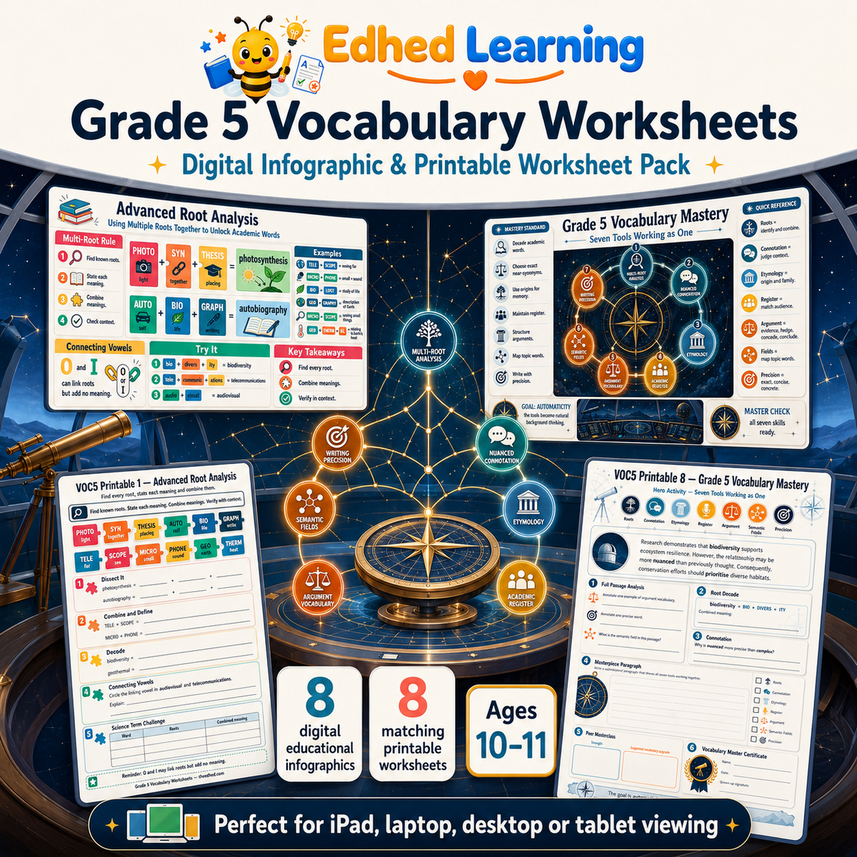 Grade 5 vocabulary worksheets digital course with 8 infographics and 8 printable worksheets for ages 10 to 11