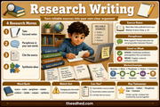 Research Writing infographic for Grade 5 showing notes, paraphrasing, citations and synthesising sources