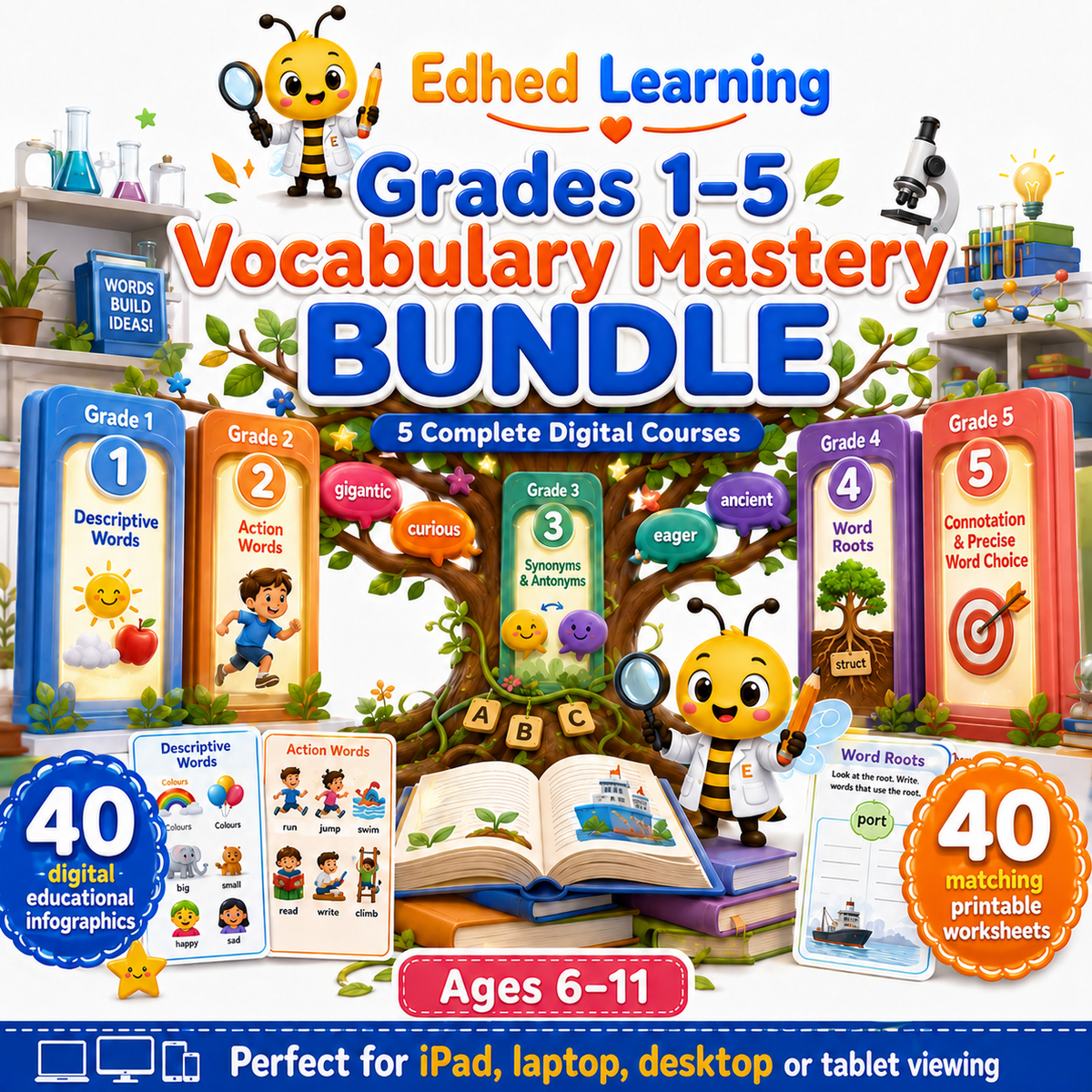 Grades 1–5 Vocabulary Mastery BUNDLE with five digital courses and 80 resources
