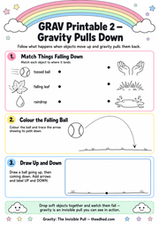 Gravity Pulls Down printable worksheet with matching path tracing and drawing tasks