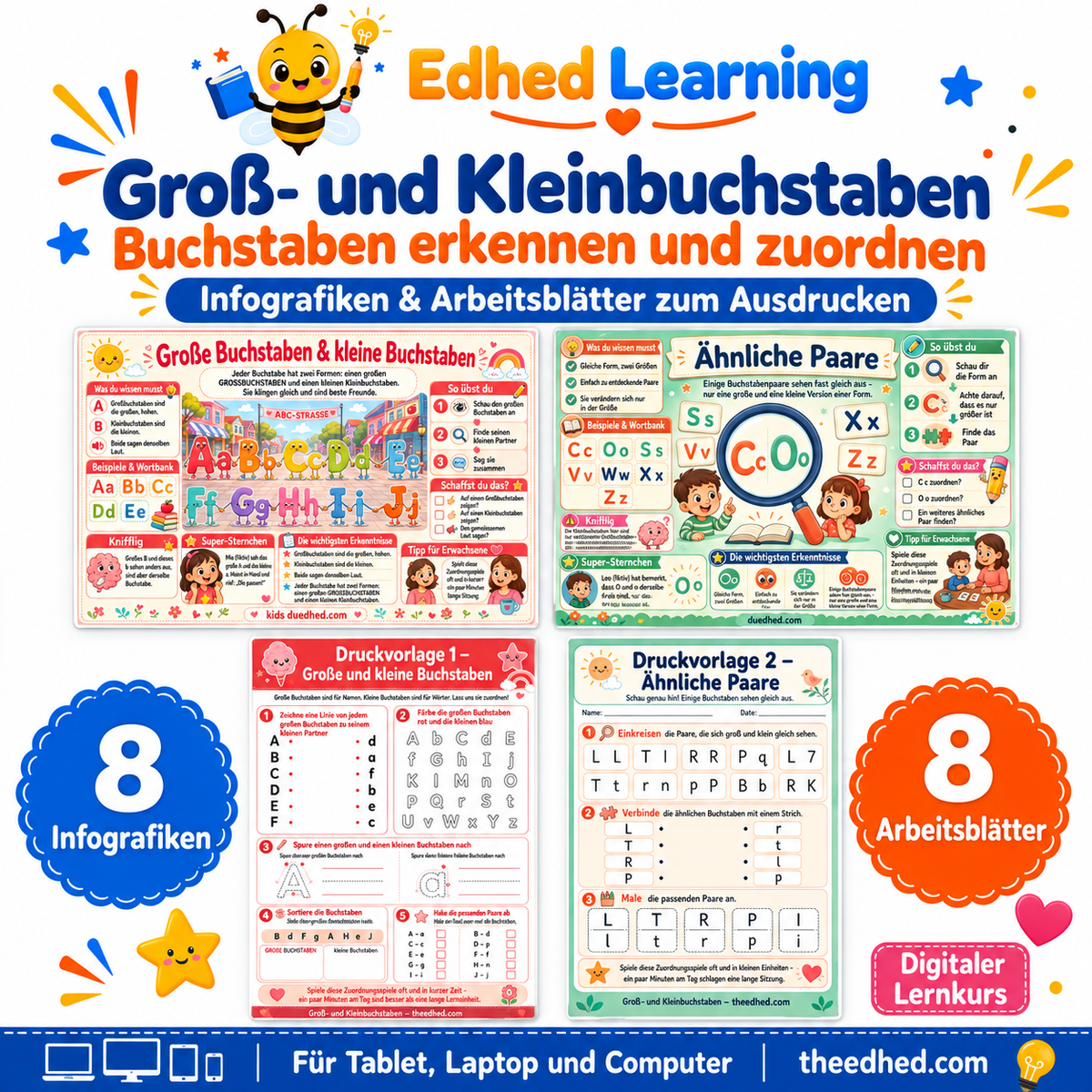 Groß- und Kleinbuchstaben – Arbeitsblätter zum Zuordnen – Edhed Learning: 8 Infografiken und 8 Arbeitsblätter