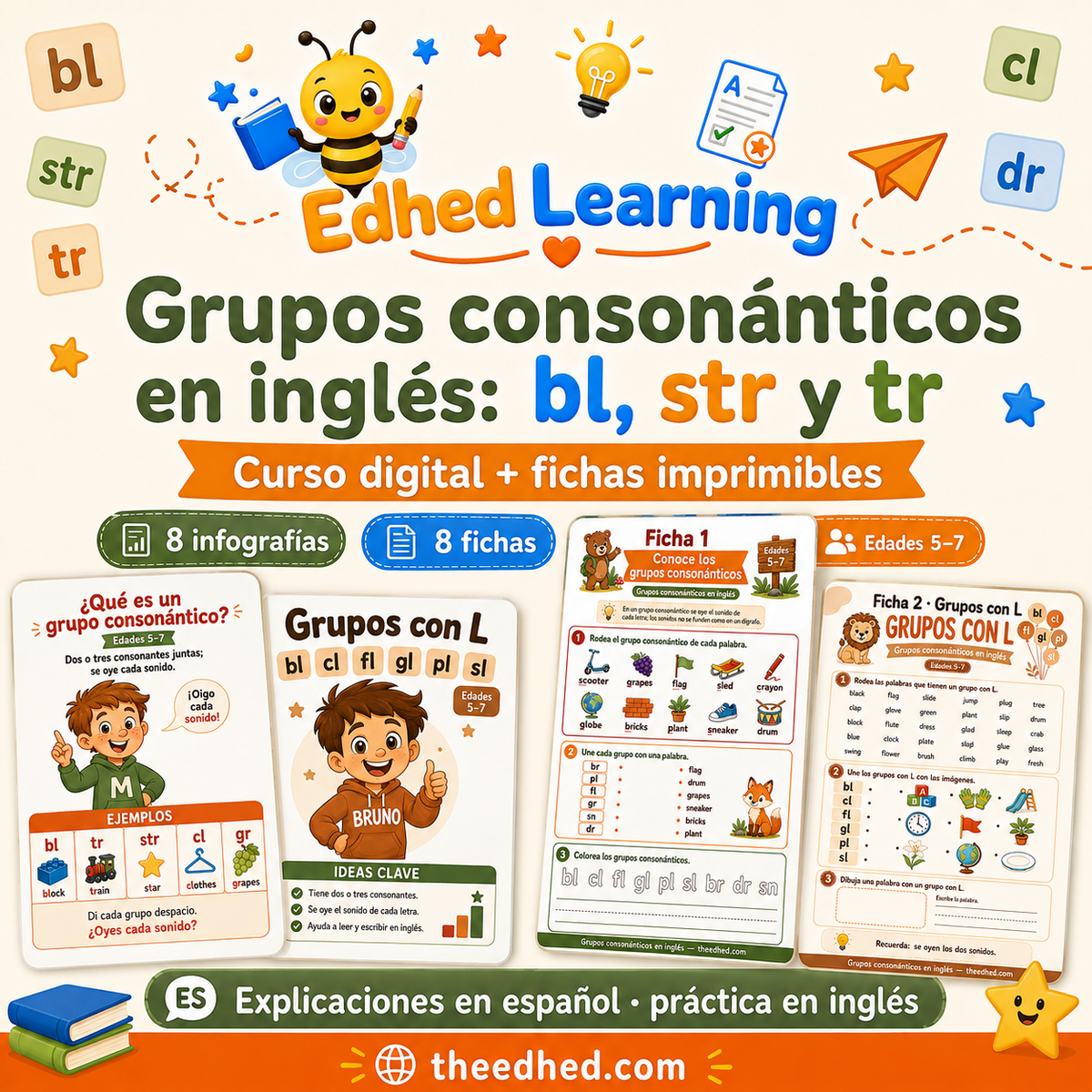 Curso de grupos consonánticos en inglés con 8 infografías y 8 fichas para niños hispanohablantes de 5–7 años.