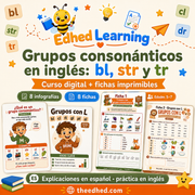 Curso de grupos consonánticos en inglés con 8 infografías y 8 fichas para niños hispanohablantes de 5–7 años.