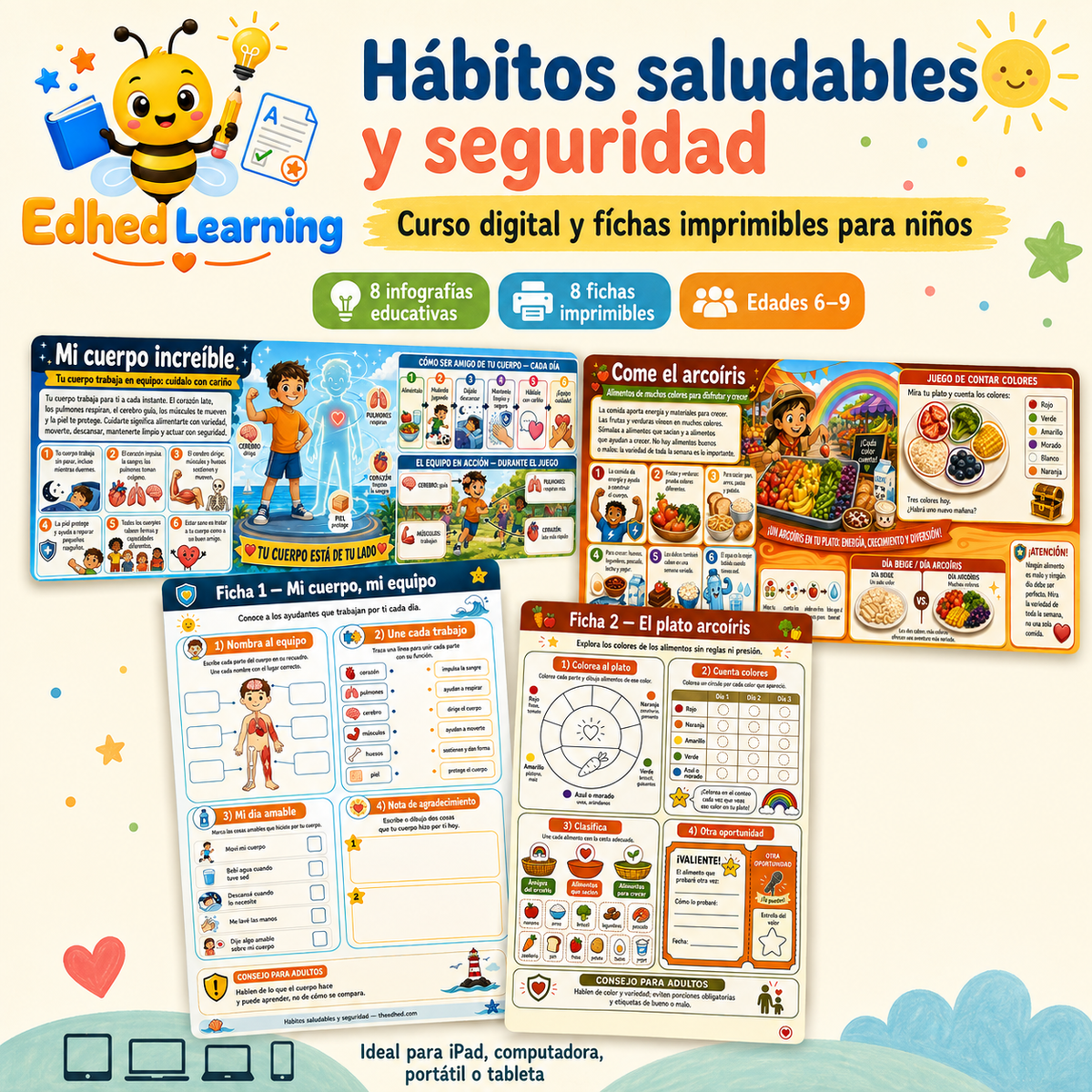 Curso Hábitos saludables y seguridad con 8 infografías y 8 fichas imprimibles para niños