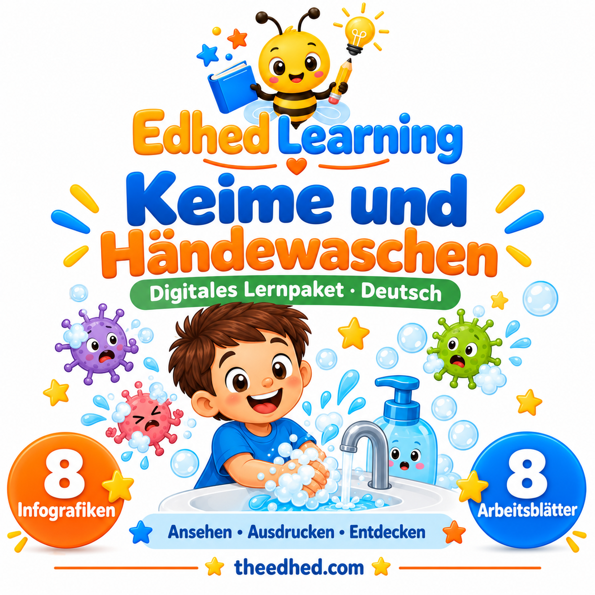 Edhed Learning Lernpaket Keime und Händewaschen mit 8 Infografiken und 8 Arbeitsblättern