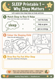 Why Sleep Matters matching printable worksheet for children ages 5–7