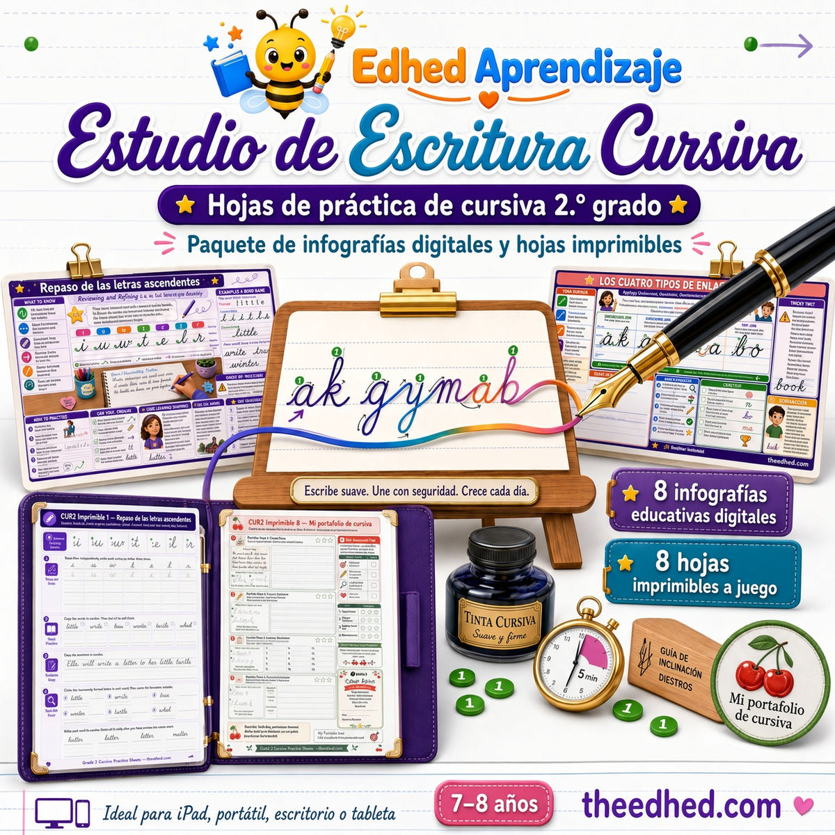 Hojas de práctica de cursiva de 2.º grado en español con 8 infografías y 8 imprimibles