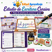 Hojas de práctica de cursiva de 2.º grado en español con 8 infografías y 8 imprimibles